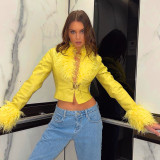 Women's 2021 autumn and winter new solid color casual round neck fluffy button long-sleeved leather jacket Q21TP640