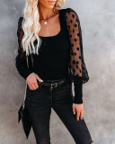 Fall new style square neck polka dot mesh thread stitching bottoming top S21S5038
