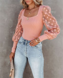 Fall new style square neck polka dot mesh thread stitching bottoming top S21S5038