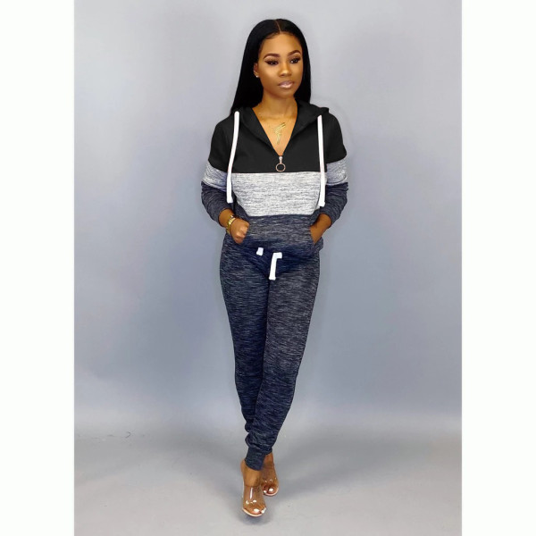 The new 2021 autumn and winter new women's plus size color matching hooded zipper casual suit p8624