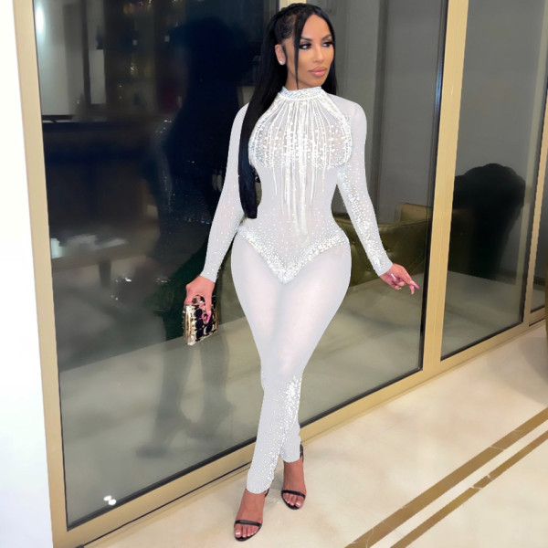 New Arrivals Sexy Nightclub Women's Fall/Winter Hot Rhinestone Net Yarn Jumpsuit Q21L974