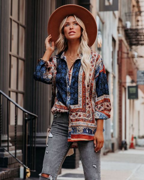 21 autumn new positioning printing ethnic style temperament commuter shirt Europe and America S21S5037