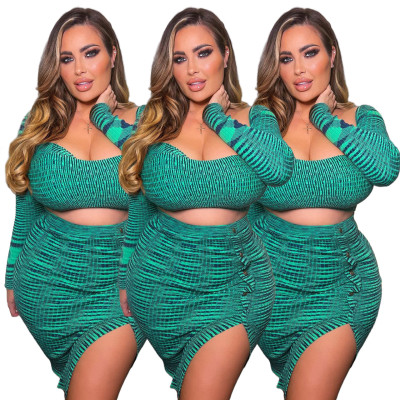 Plus size women's clothing new autumn and winter print low-cut sexy dress with slits J21Y6096