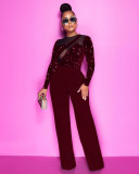 New autumn and winter flocking sequins mesh stitching straight jumpsuit Q21S981