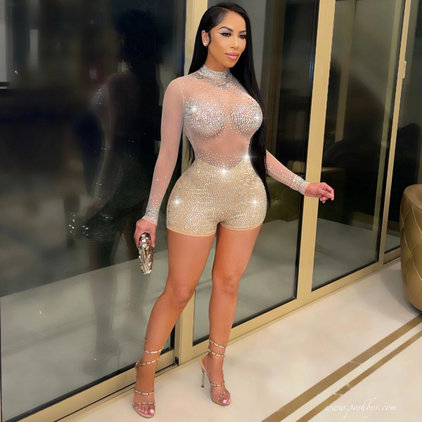 Sexy nightclub women's multicolor hot drilling mesh jumpsuit Q21W943
