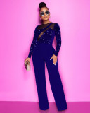 New autumn and winter flocking sequins mesh stitching straight jumpsuit Q21S981