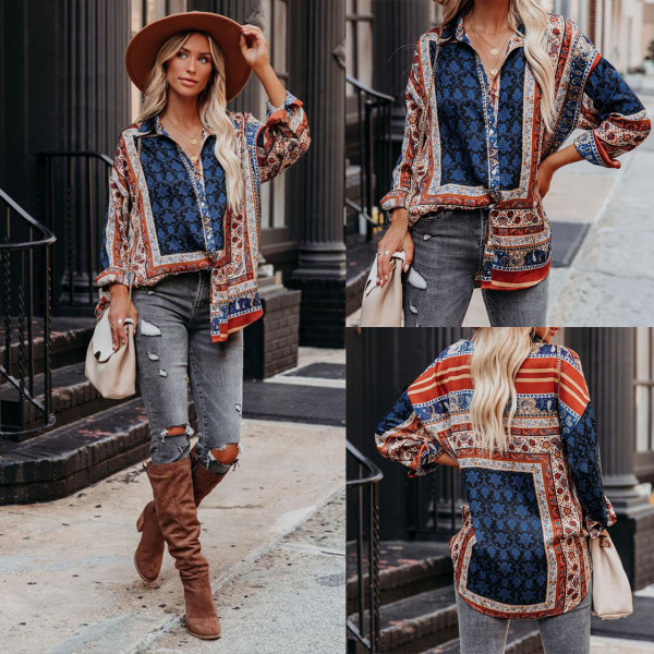 21 autumn new positioning printing ethnic style temperament commuter shirt Europe and America S21S5037