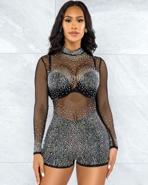 Sexy nightclub women's multicolor hot drilling mesh jumpsuit Q21W943
