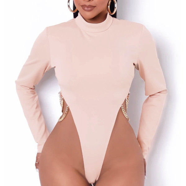 Women's 2021 autumn and winter new solid color casual round neck metal chain long-sleeved short one-piece X21BS628