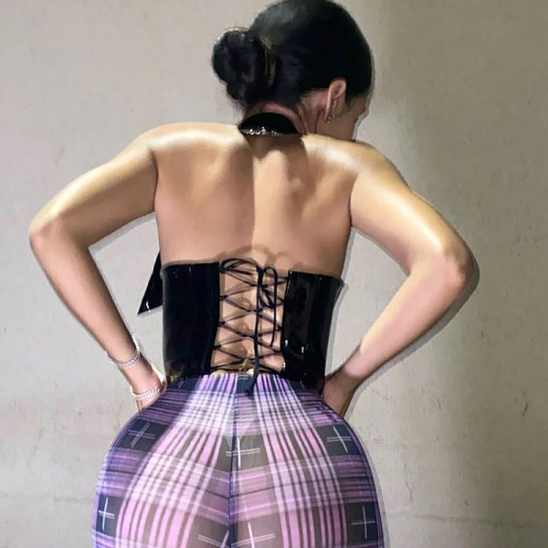 Women's 2021 autumn and winter new solid color sexy halter neck halter strap PU mirror leather top K21TP618