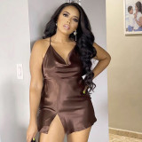 Women's 2021 autumn and winter new solid color sexy sling halter lace-up halter short dress M21DS652