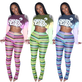 Autumn tie-dye printing + tassel sequins slim pants two-piece suit Q21S986