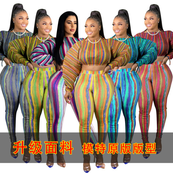 Plus size women's autumn print lantern sleeves upgrade fabric plus size sexy two-piece suit Q21S980