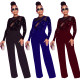 New autumn and winter flocking sequins mesh stitching straight jumpsuit Q21S981