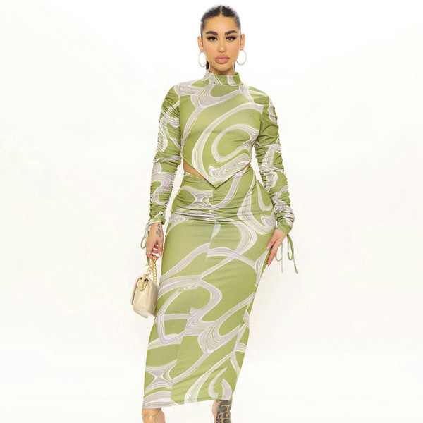 Women's 2021 autumn and winter new casual printed drawstring pleated elastic waist long-sleeved skirt suit Q21ST584