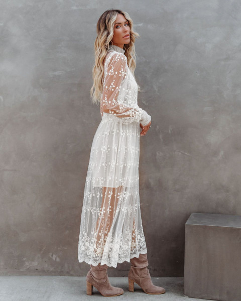 High collar embroidery lace mesh fashion temperament one-piece dress S21D5046
