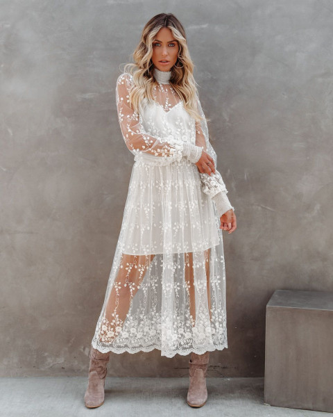 High collar embroidery lace mesh fashion temperament one-piece dress S21D5046