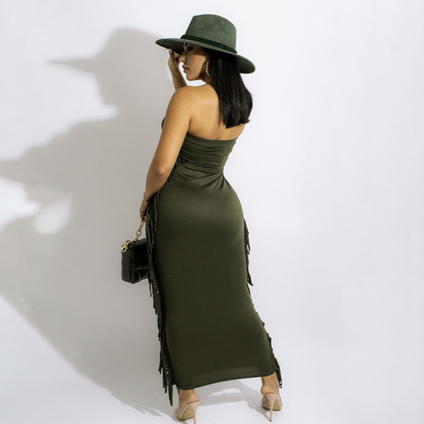 Women's 2021 autumn and winter new solid color stitching casual sleeveless sleeveless chest-wrapped fringed long dress M21DS633