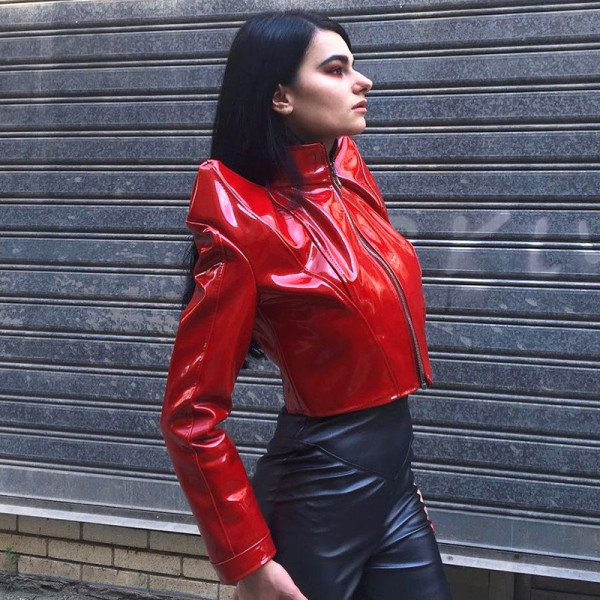 Women's 2021 autumn and winter new solid color casual high-neck zipper horn long-sleeved leather top Q21TP639