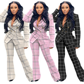 Checked jacket casual suit wide leg two-piece suit Q21S984