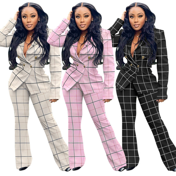 Checked jacket casual suit wide leg two-piece suit Q21S984