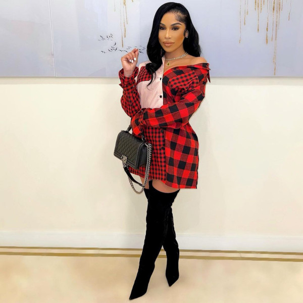 Women's clothing Plaid brushed stitching single-breasted shirt dress with sleeves MN8391