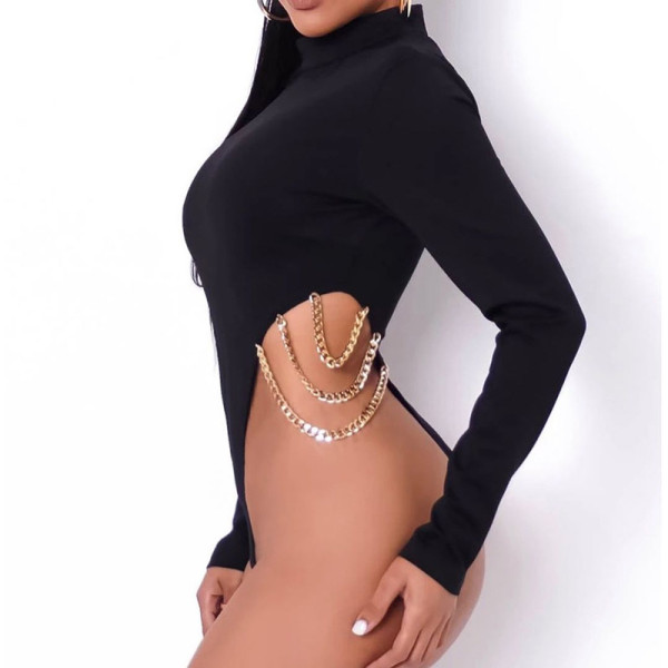 Women's 2021 autumn and winter new solid color casual round neck metal chain long-sleeved short one-piece X21BS628