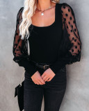 Fall new style square neck polka dot mesh thread stitching bottoming top S21S5038