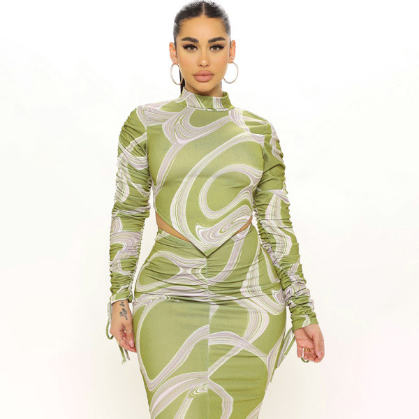 Women's 2021 autumn and winter new casual printed drawstring pleated elastic waist long-sleeved skirt suit Q21ST584