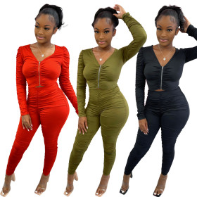 New autumn and winter fashion women's clothing, front zipper pleated two-piece suit z9138