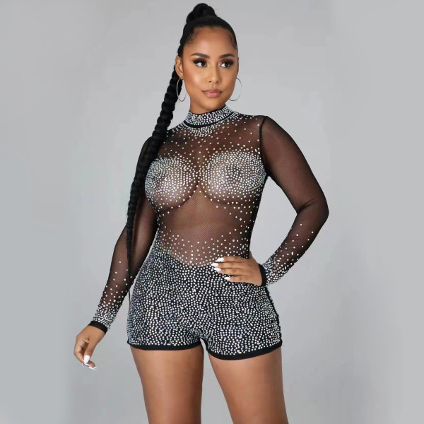 Sexy nightclub women's multicolor hot drilling mesh jumpsuit Q21W943
