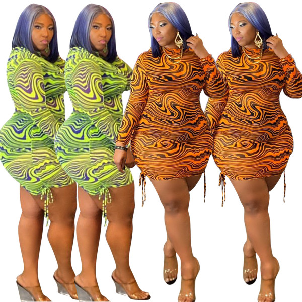 Plus size women's clothing autumn new style net yarn printing pleated dress J21L6094