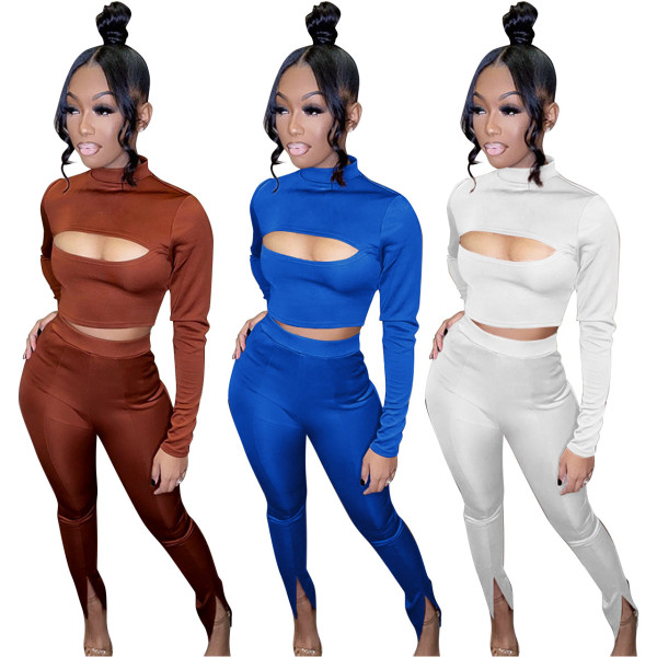 Autumn long-sleeved stand-up collar, two-piece hollow sexy slit Q21S983