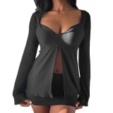 Women's 2021 autumn and winter new solid color stitching sexy round neck long-sleeved long-sleeved t-shirt top Q21TP624