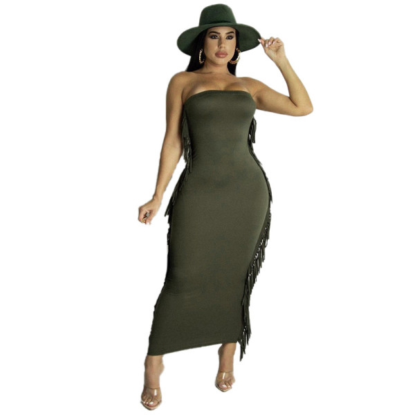 Women's 2021 autumn and winter new solid color stitching casual sleeveless sleeveless chest-wrapped fringed long dress M21DS633