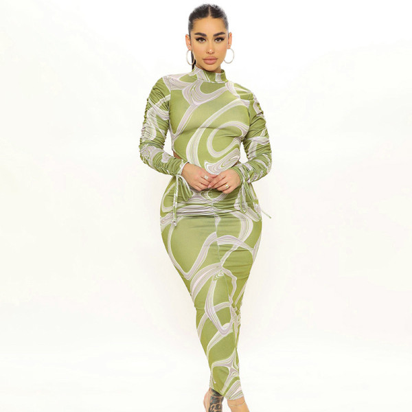 Women's 2021 autumn and winter new casual printed drawstring pleated elastic waist long-sleeved skirt suit Q21ST584