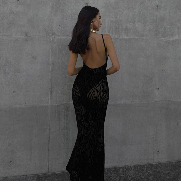 Women's 2021 autumn and winter new style printed casual sling mesh gauze open back sleeveless long dress C21DS405