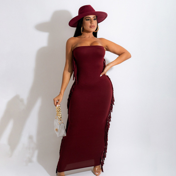 Women's 2021 autumn and winter new solid color stitching casual sleeveless sleeveless chest-wrapped fringed long dress M21DS633
