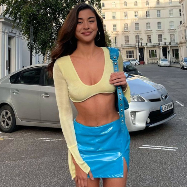 Women's 2021 autumn and winter new solid color stitching round neck long-sleeved sexy crop top T-shirt M21TP640