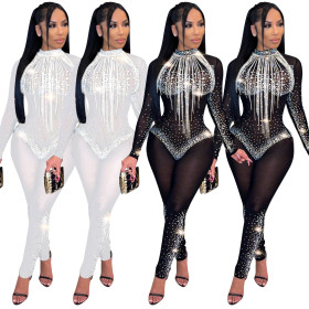 New Arrivals Sexy Nightclub Women's Fall/Winter Hot Rhinestone Net Yarn Jumpsuit Q21L974