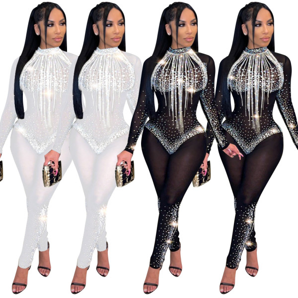 New Arrivals Sexy Nightclub Women's Fall/Winter Hot Rhinestone Net Yarn Jumpsuit Q21L974