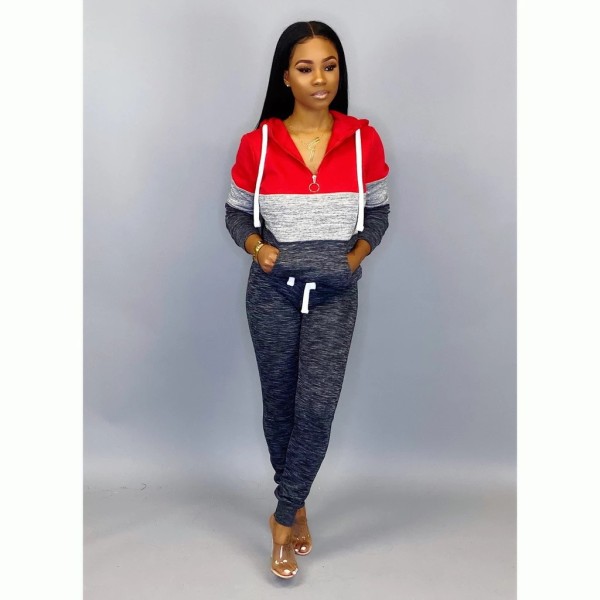 The new 2021 autumn and winter new women's plus size color matching hooded zipper casual suit p8624