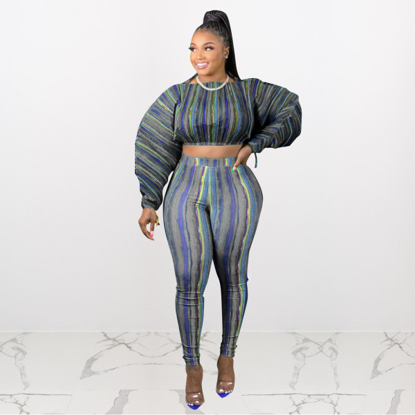 Plus size women's autumn print lantern sleeves upgrade fabric plus size sexy two-piece suit Q21S980
