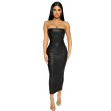 Women's 2021 autumn and winter new solid color casual sleeveless zipper PU leather tube top long dress A21DS475