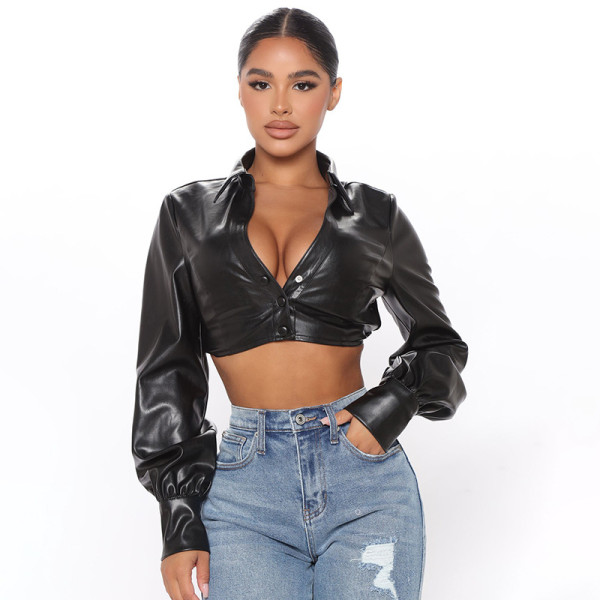 Women's 2021 autumn and winter new stitching lapel long-sleeved snap button sexy navel PU leather top Q21TP636