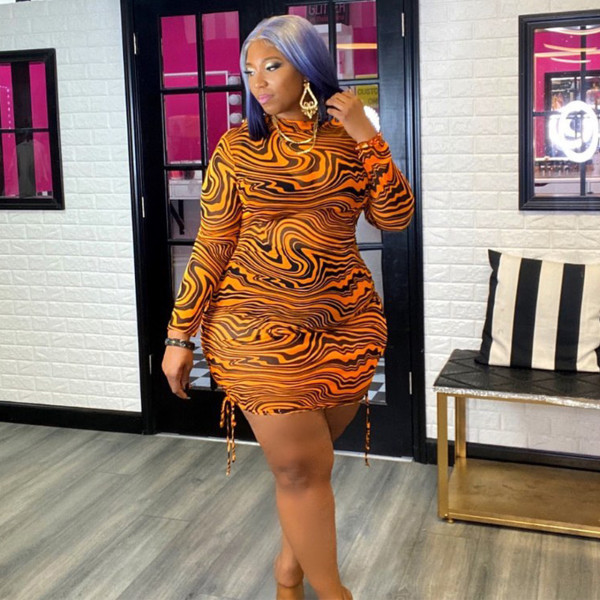 Plus size women's clothing autumn new style net yarn printing pleated dress J21L6094
