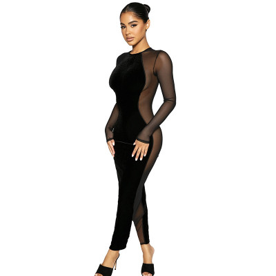 Women's 2021 autumn and winter new solid color stitching casual round neck mesh long-sleeved long dress Q21DS629