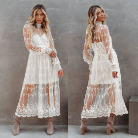 High collar embroidery lace mesh fashion temperament one-piece dress S21D5046