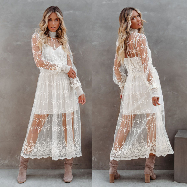 High collar embroidery lace mesh fashion temperament one-piece dress S21D5046
