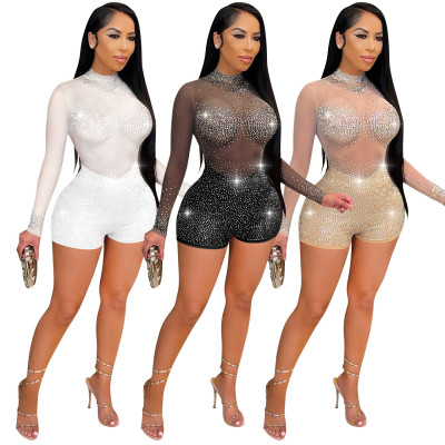 Sexy nightclub women's multicolor hot drilling mesh jumpsuit Q21W943